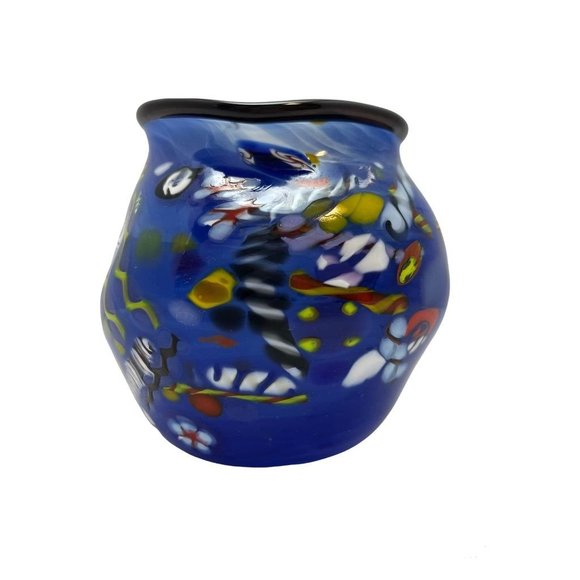 Tutti Frutti Blue Studio Art Blown Glass Bowl Vase Signed A Arthur Allison Numbe - Picture 1 of 4